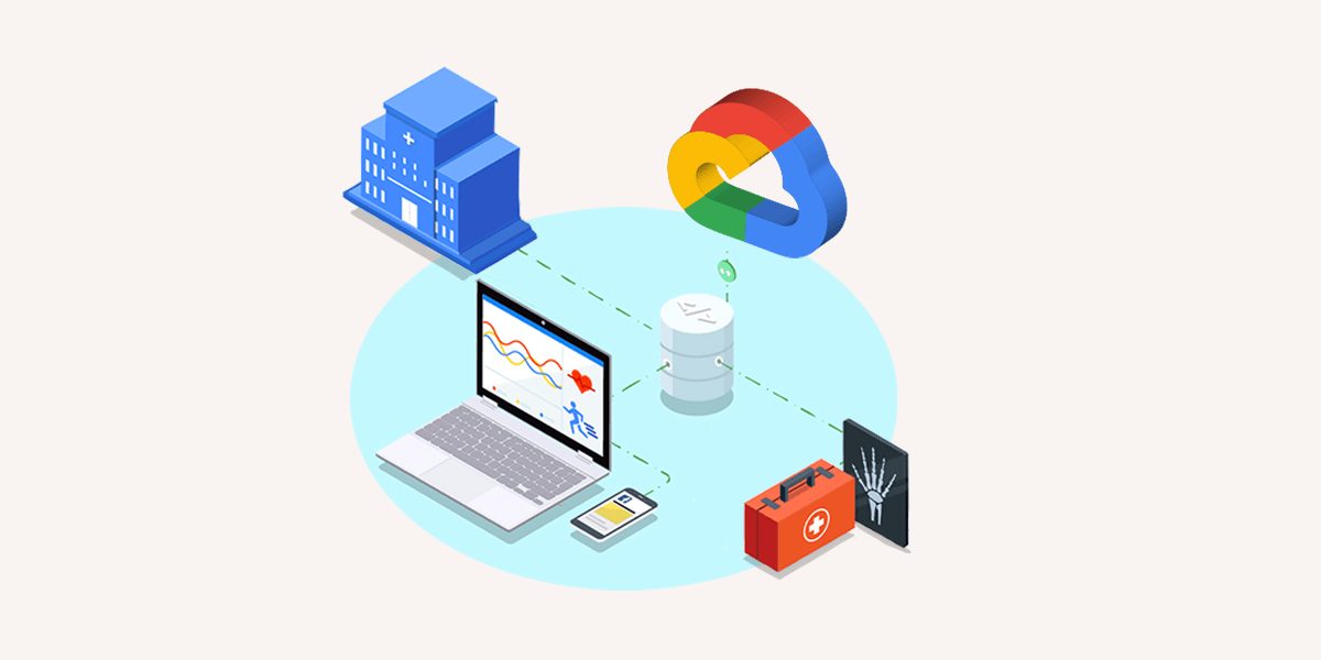 Google Cloud Healthcare product graphic connecting medical data, imaging, and cloud infrastructure