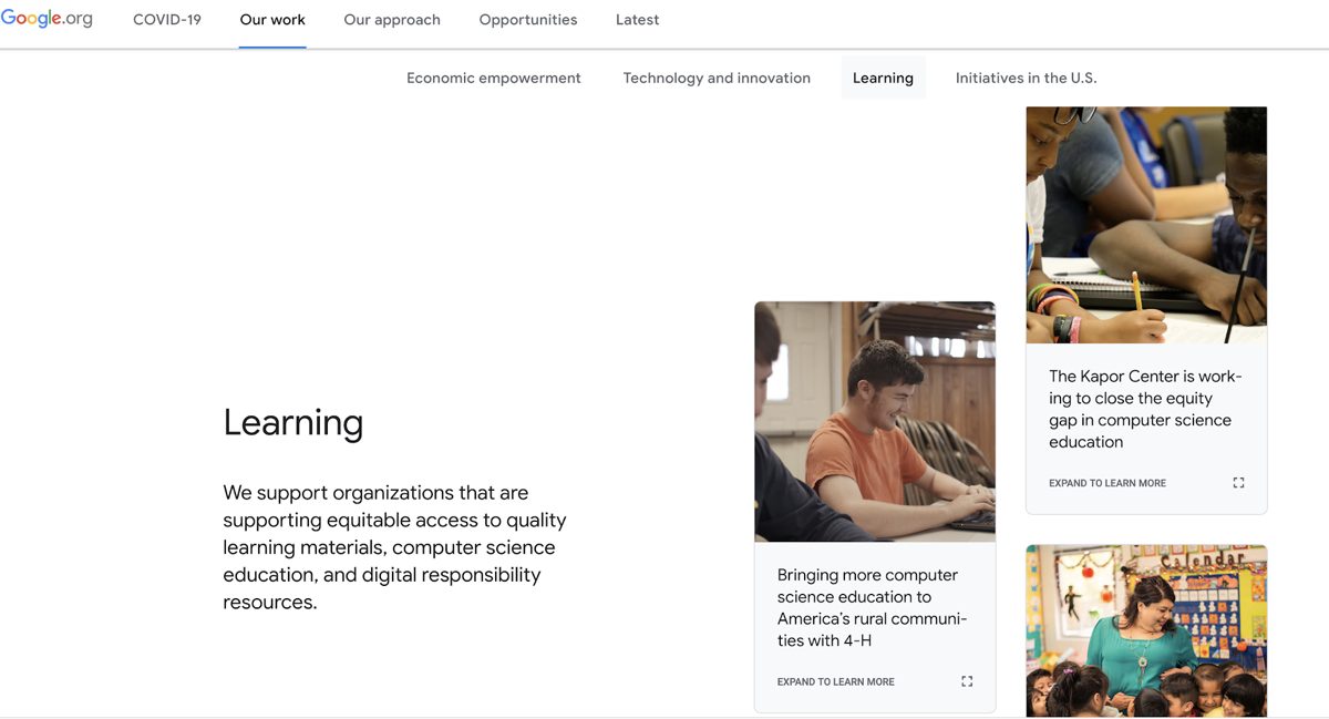 Google.org Learning program page showing its support for education and access to learning