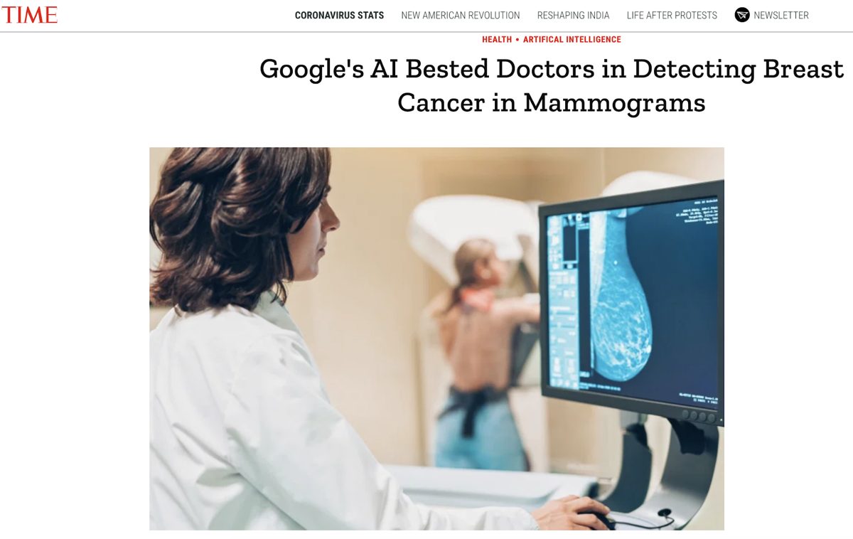 TIME article on Google’s AI research in breast cancer detection, with a clinician examining a mammogram