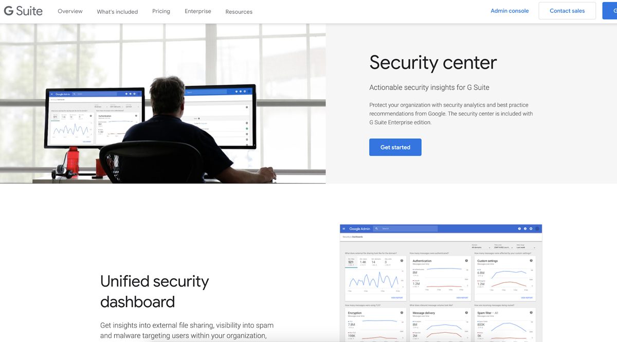 Original G Suite Security Center product page showing its unified security dashboard
