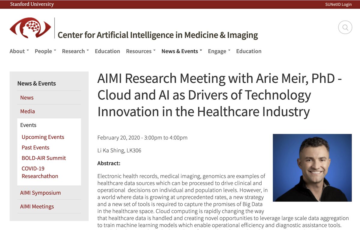 Stanford AIMI research meeting announcement for Arie Meir on cloud and AI in healthcare